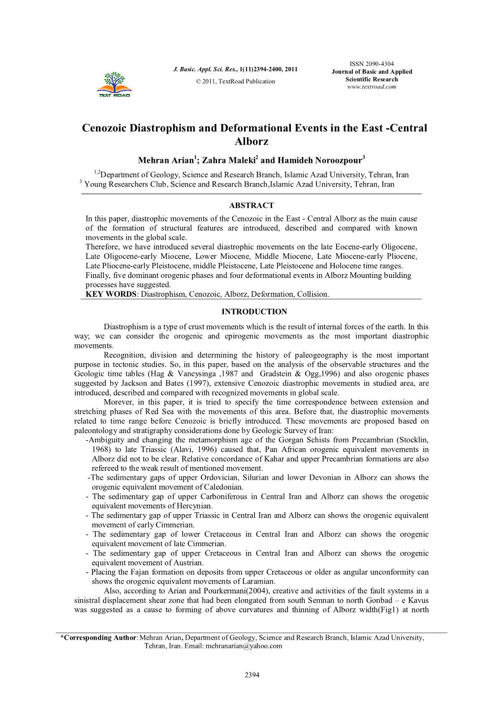 Cenozoic Diastrophism and Deformational Events in the East -Central Alborz