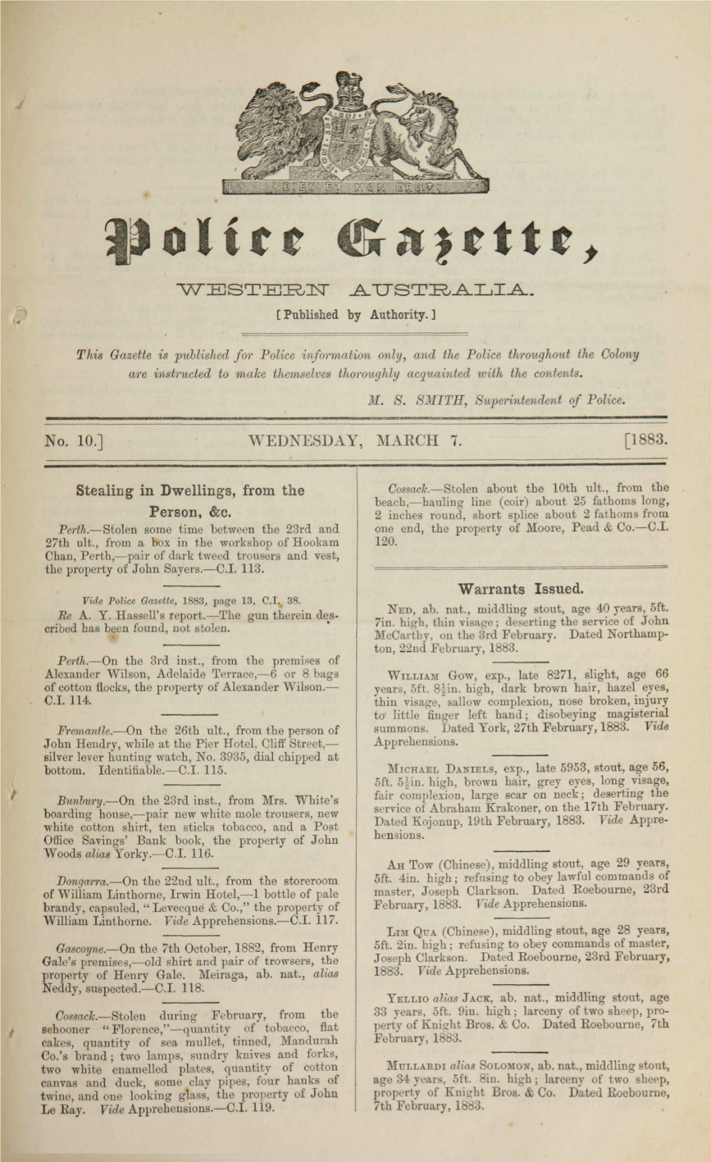 No. 10,] WEDNESDAY, MARCH 7. [1883. Stealing in Dwellings, from the Person, &C. Warrants Issued