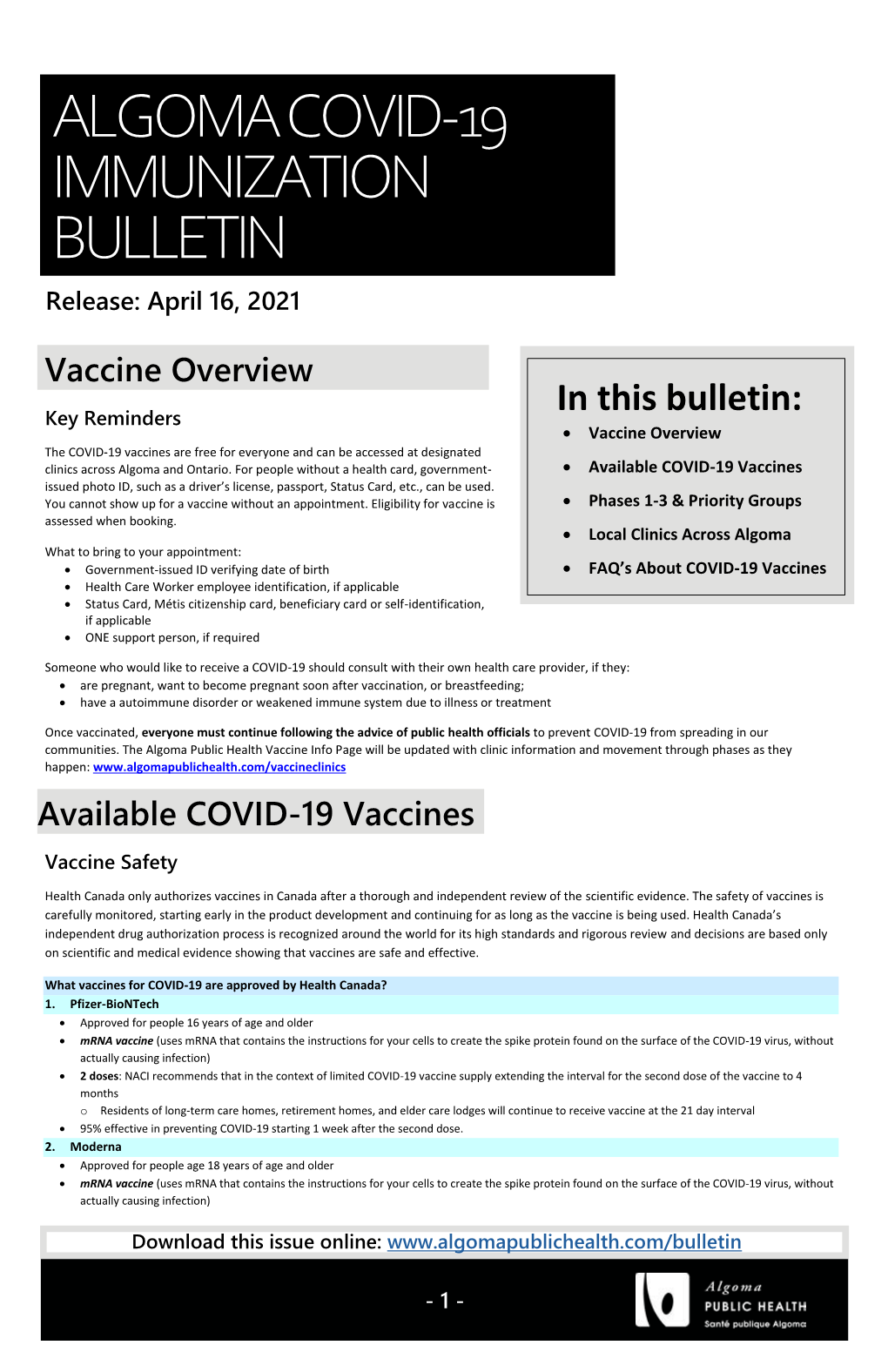 Algoma Covid-19 Immunization Bulletin