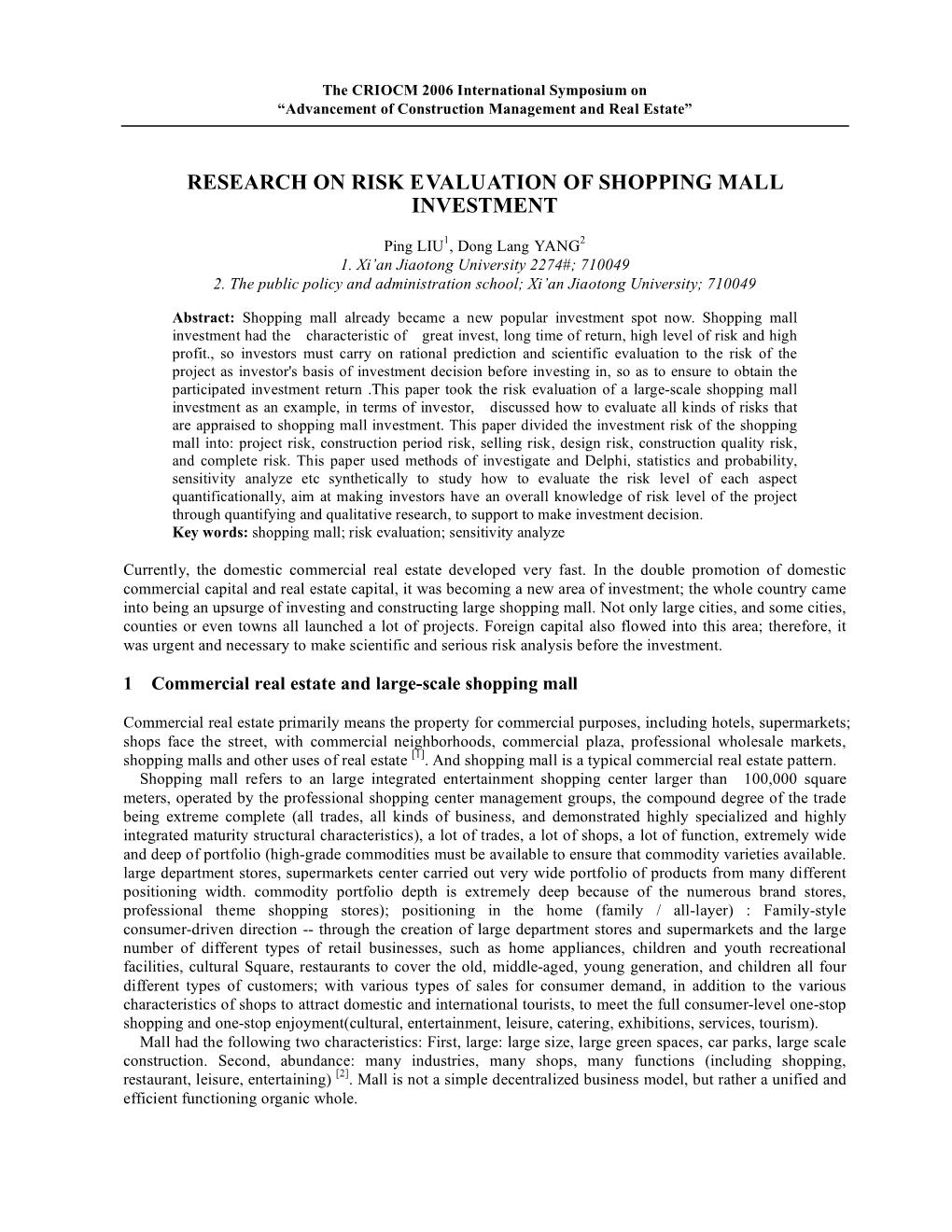 Research on Risk Evaluation of Shopping Mall Investment