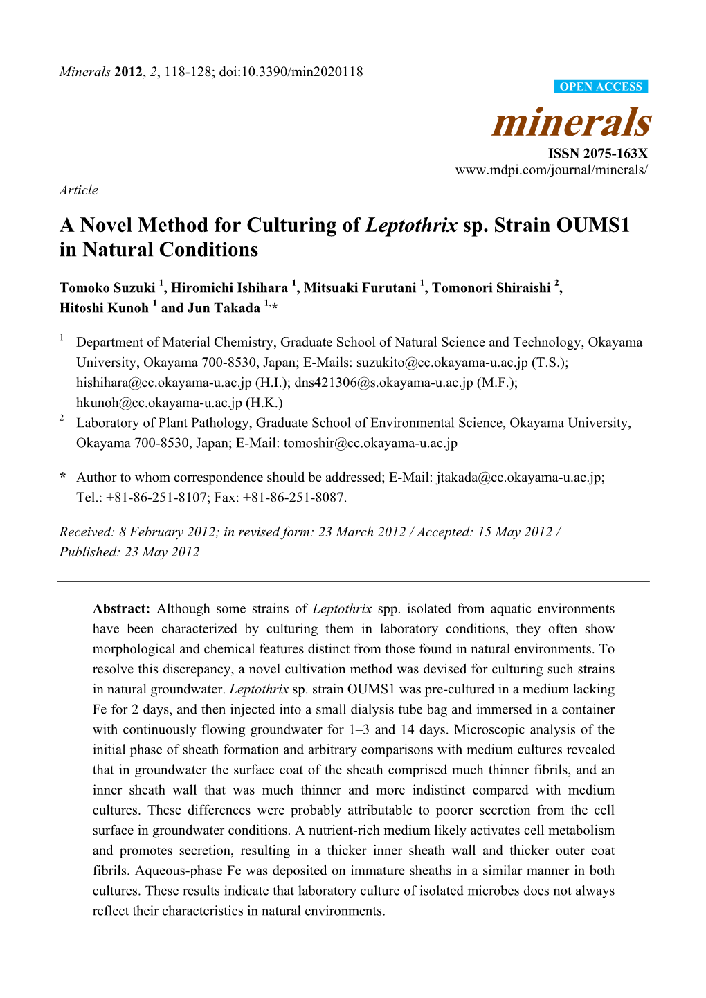 A Novel Method for Culturing of Leptothrix Sp. Strain OUMS1 in Natural Conditions