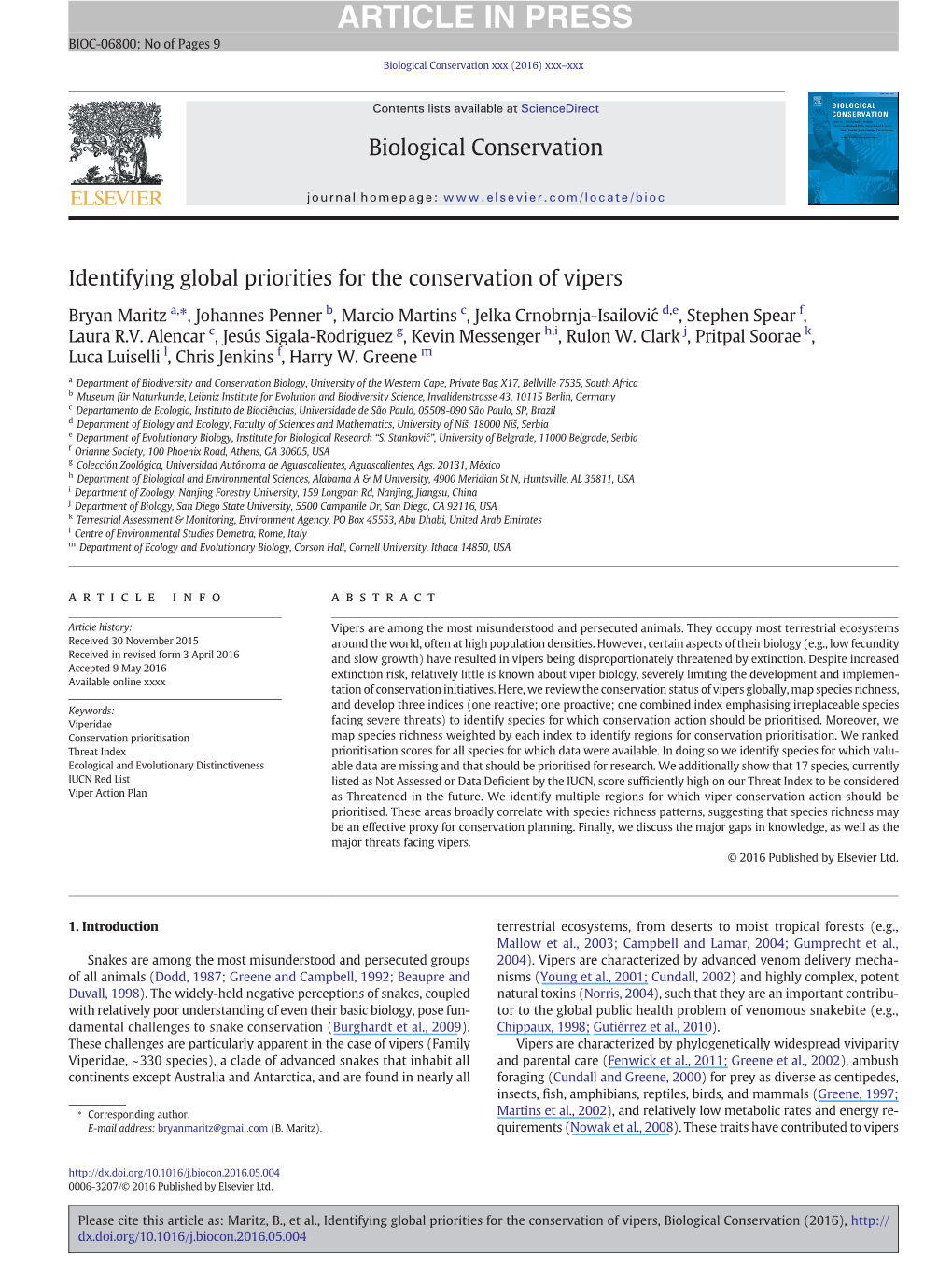 Identifying Global Priorities for the Conservation of Vipers Biological