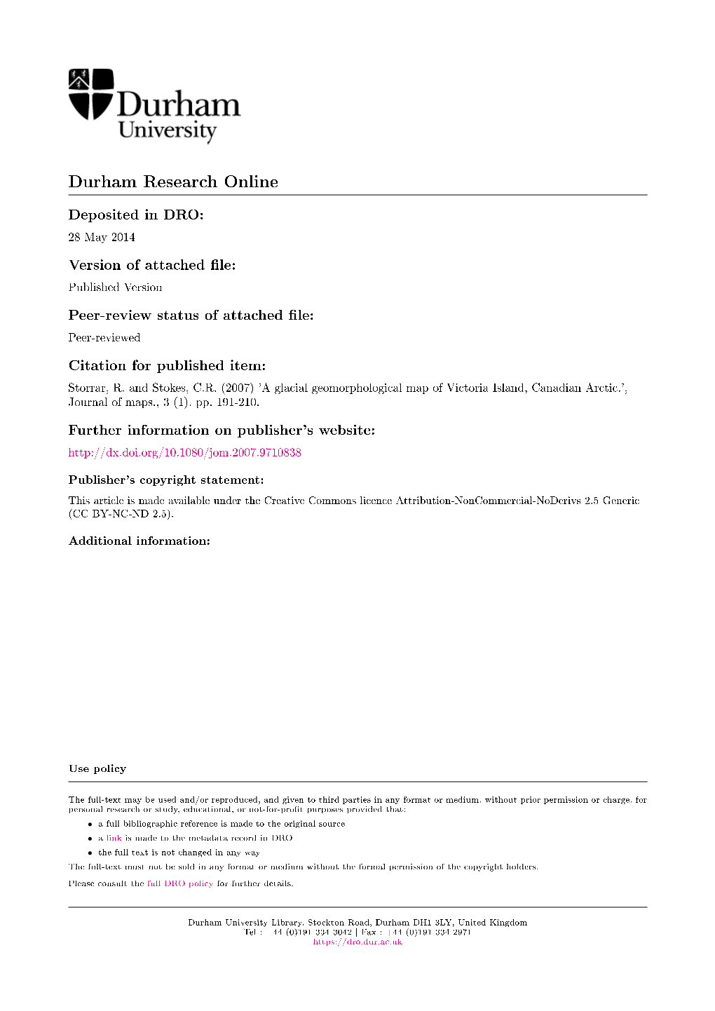 A Glacial Geomorphological Map of Victoria Island, Canadian Arctic.', Journal of Maps., 3 (1)