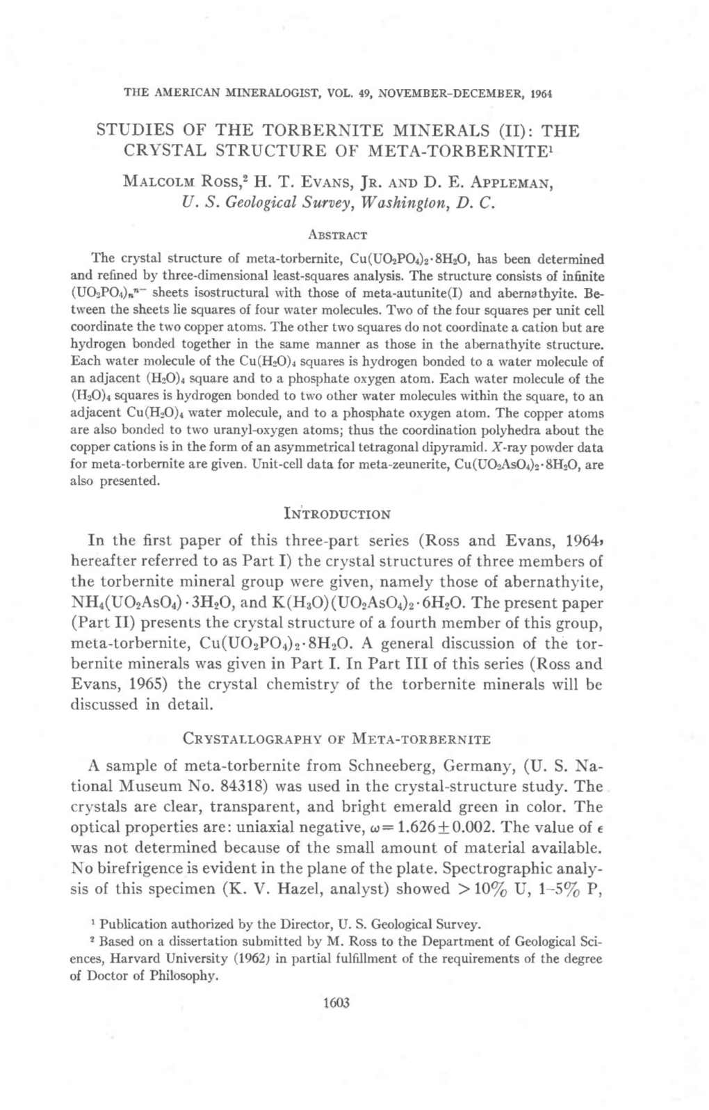 Studies of the Torbernite Minerals (Ii): the Crystal Structure of Meta-Torbernitei