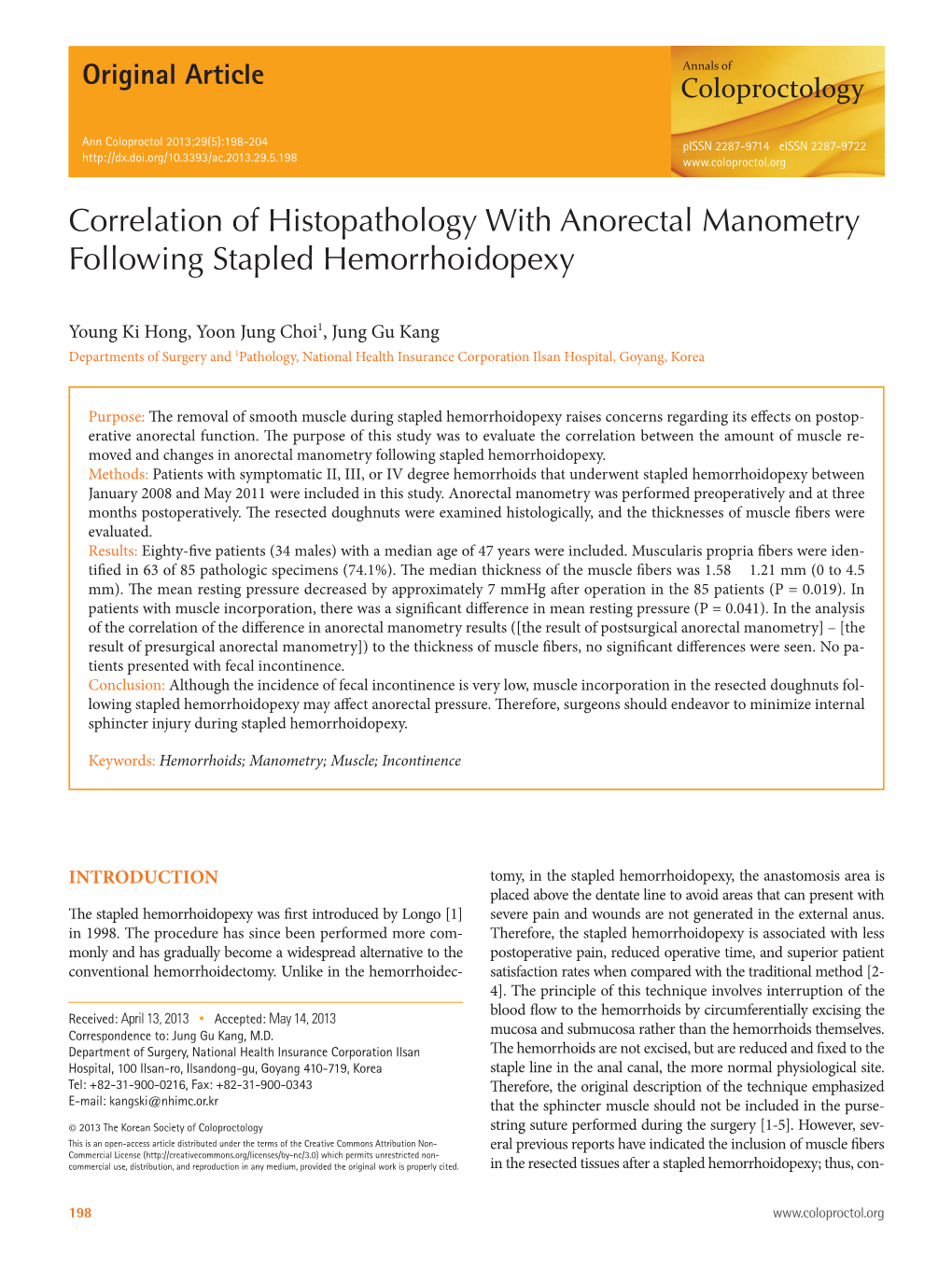 Correlation of Histopathology with Anorectal Manometry Following Stapled Hemorrhoidopexy
