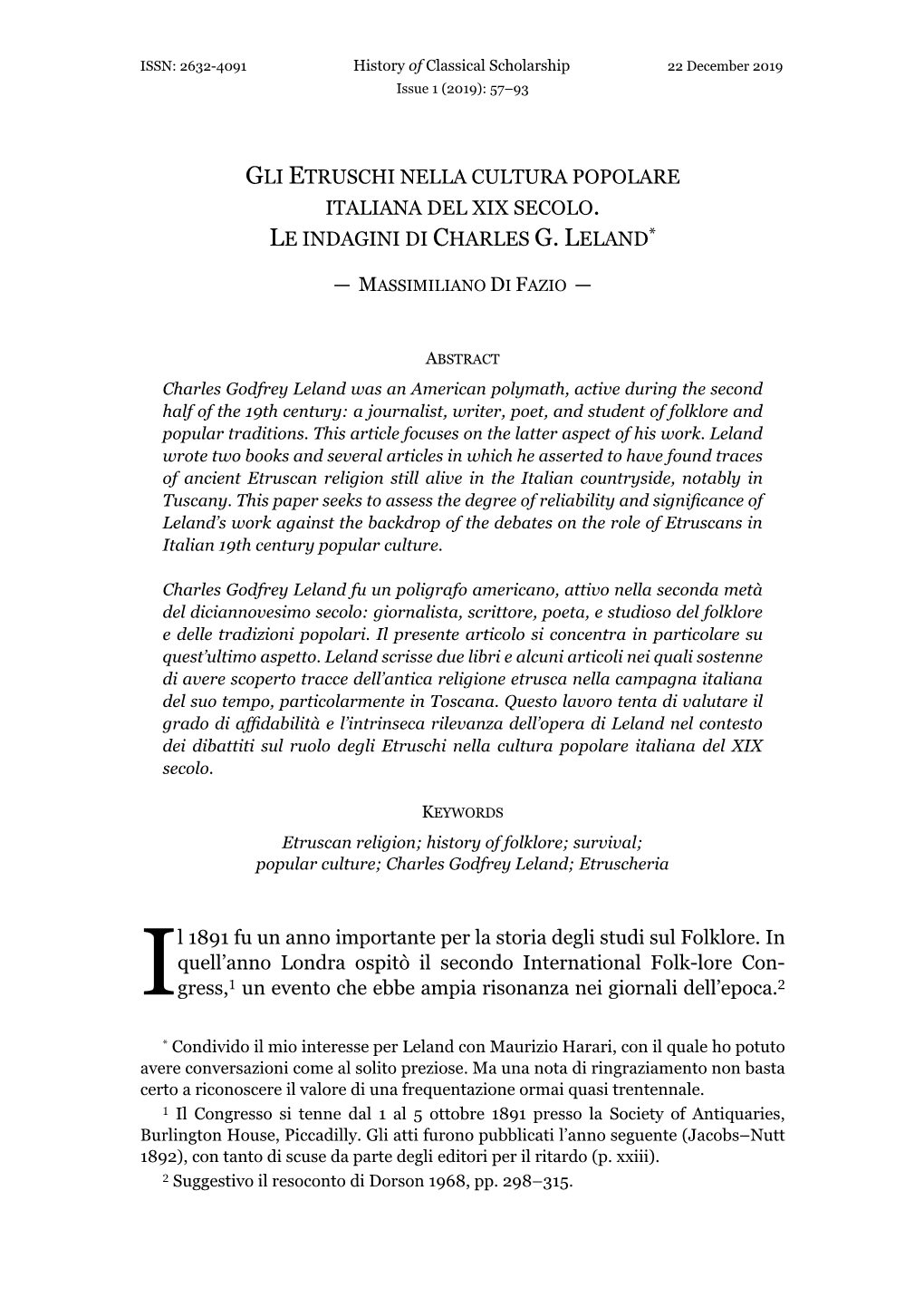 Gli Etruschi Nella Cultura Popolare Italiana Del Xix Secolo. Le Indagini Di Charles G