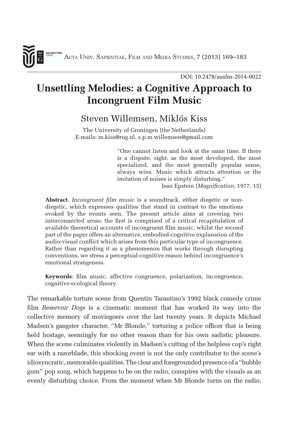 Unsettling Melodies: a Cognitive Approach to Incongruent Film Music