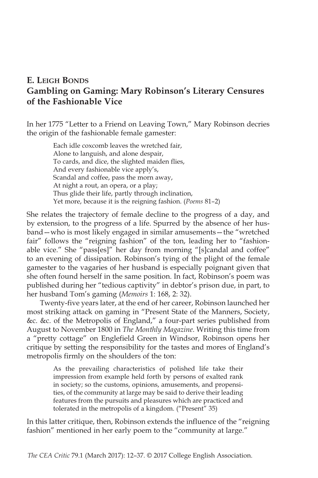 Gambling on Gaming: Mary Robinson’S Literary Censures of the Fashionable Vice