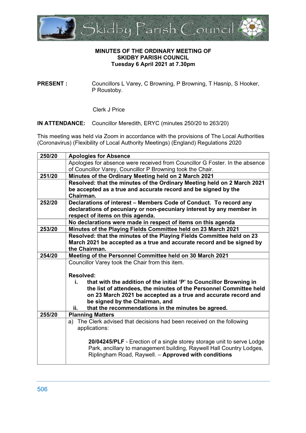 MINUTES of the ORDINARY MEETING of SKIDBY PARISH COUNCIL Tuesday 6 April 2021 at 7.30Pm