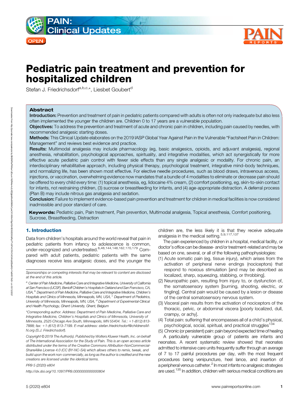 Pediatric Pain Treatment and Prevention for Hospitalized Children