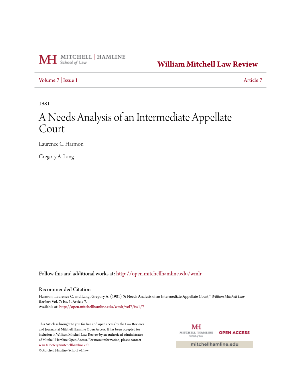 A Needs Analysis of an Intermediate Appellate Court Laurence C