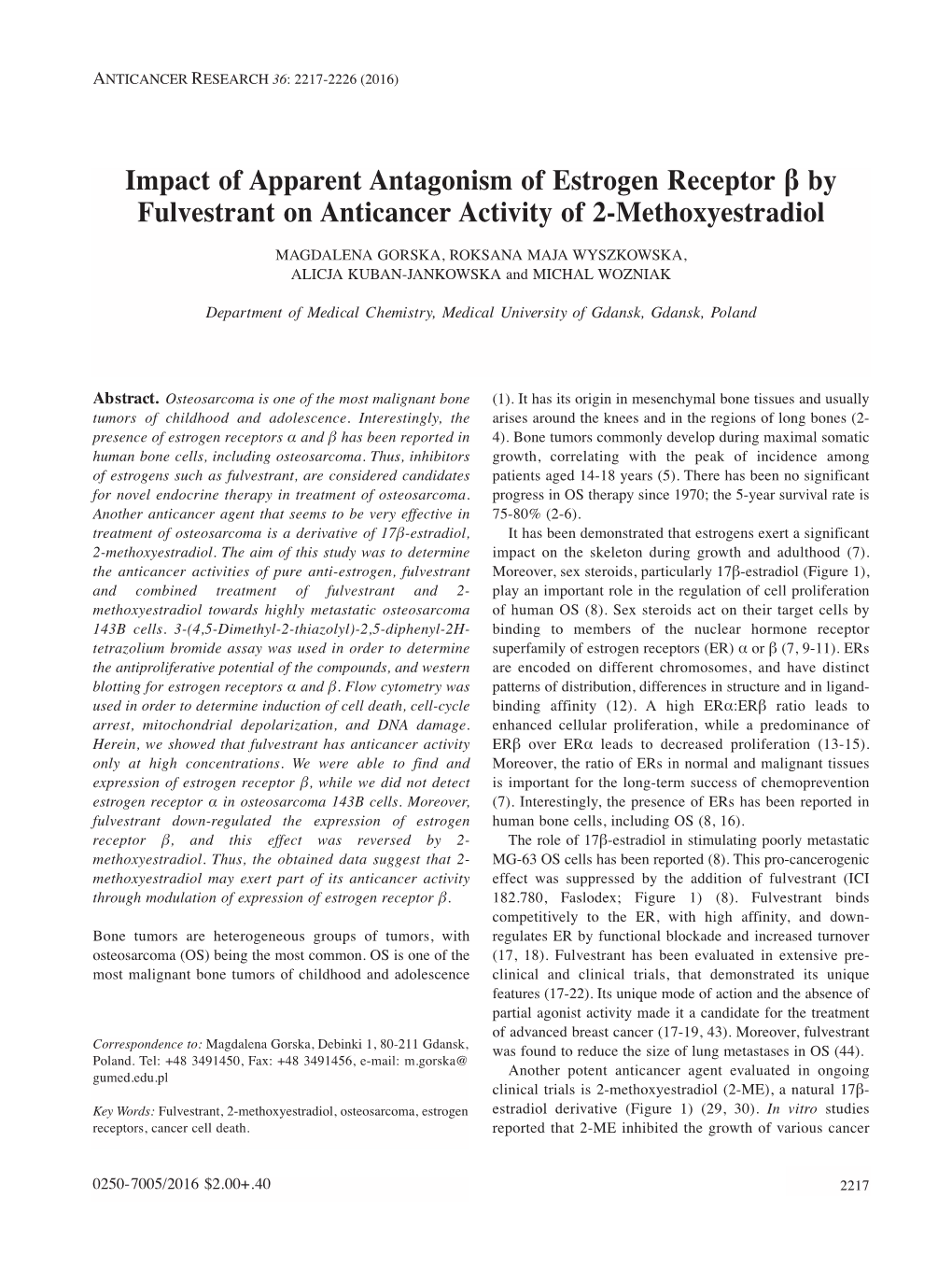Impact of Apparent Antagonism of Estrogen Receptor Β by Fulvestrant on Anticancer Activity of 2-Methoxyestradiol