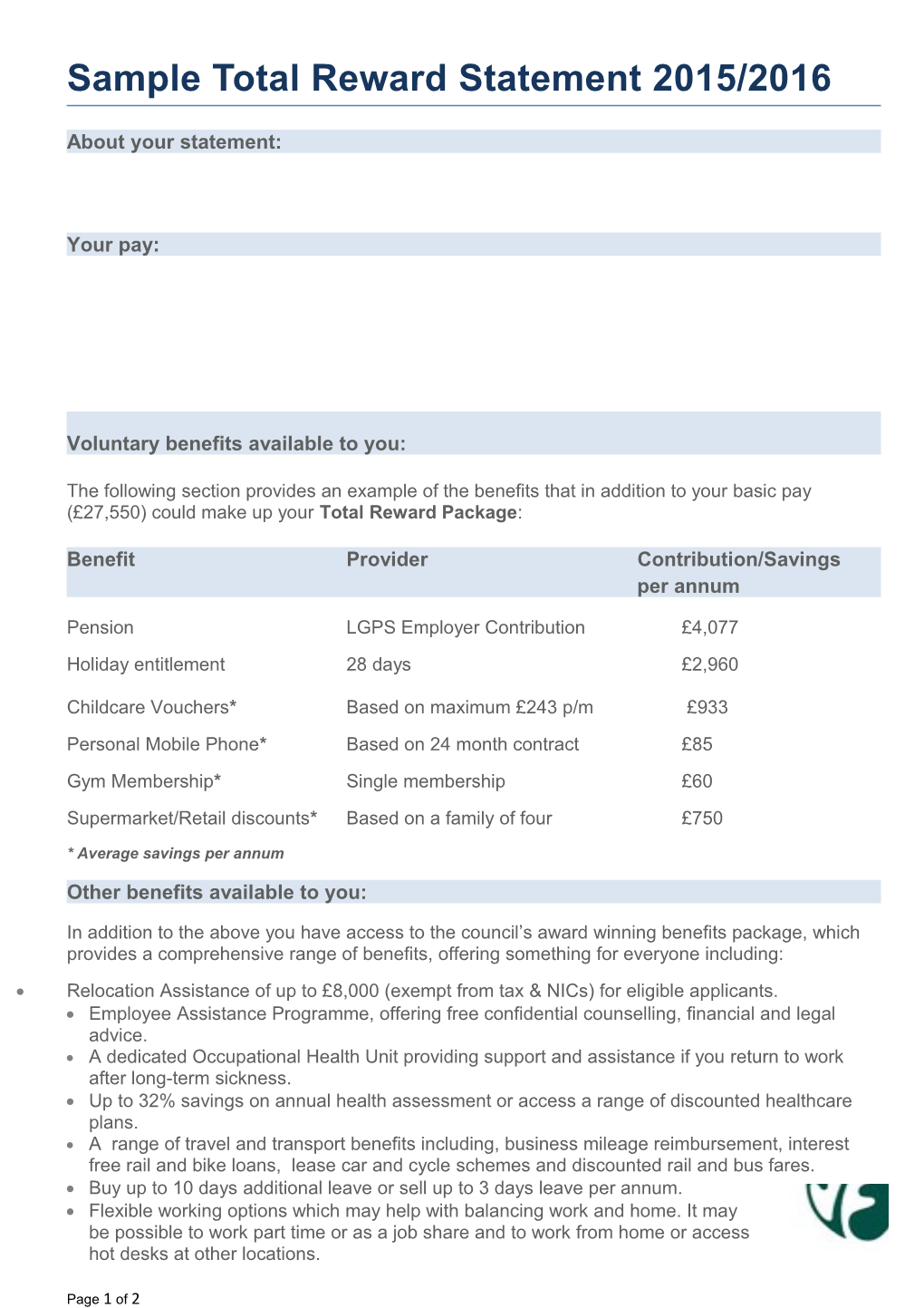 Sample Total Reward Statement 2015/2016