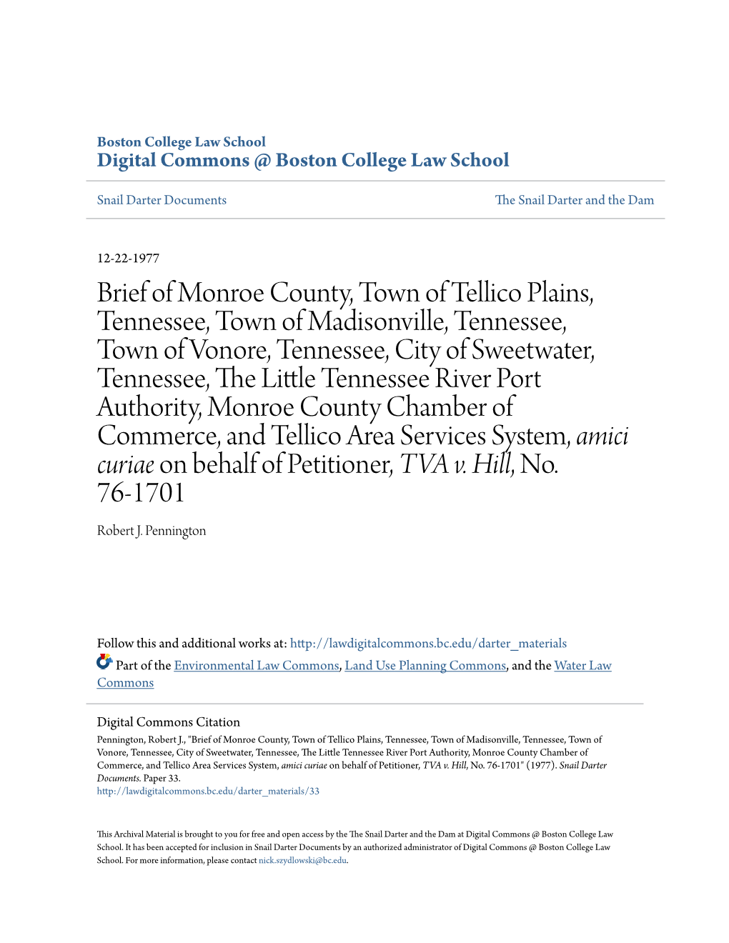 Brief of Monroe County, Town of Tellico Plains, Tennessee, Town Of