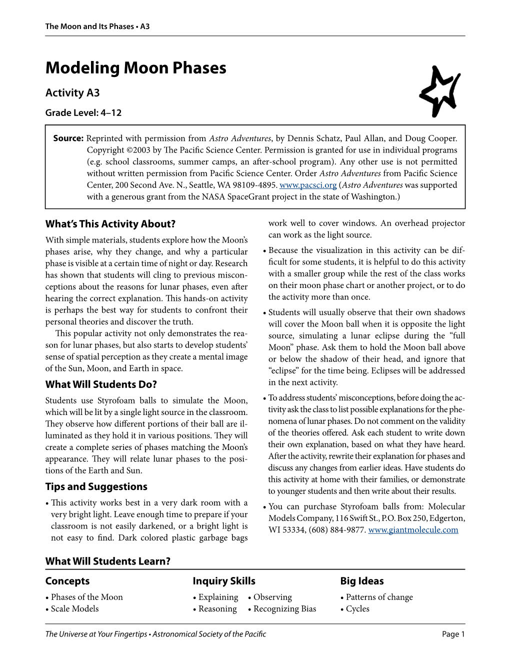 Modeling Moon Phases Activity A3 Grade Level: 4–12