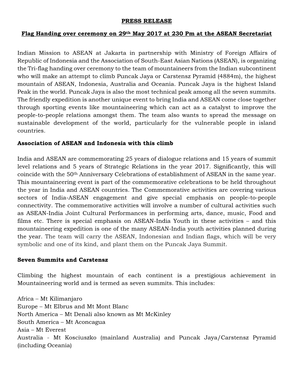 PRESS RELEASE Flag Handing Over Ceremony on 29Th May 2017 at 230 Pm at the ASEAN Secretariat Indian Mission to ASEAN at Jakarta