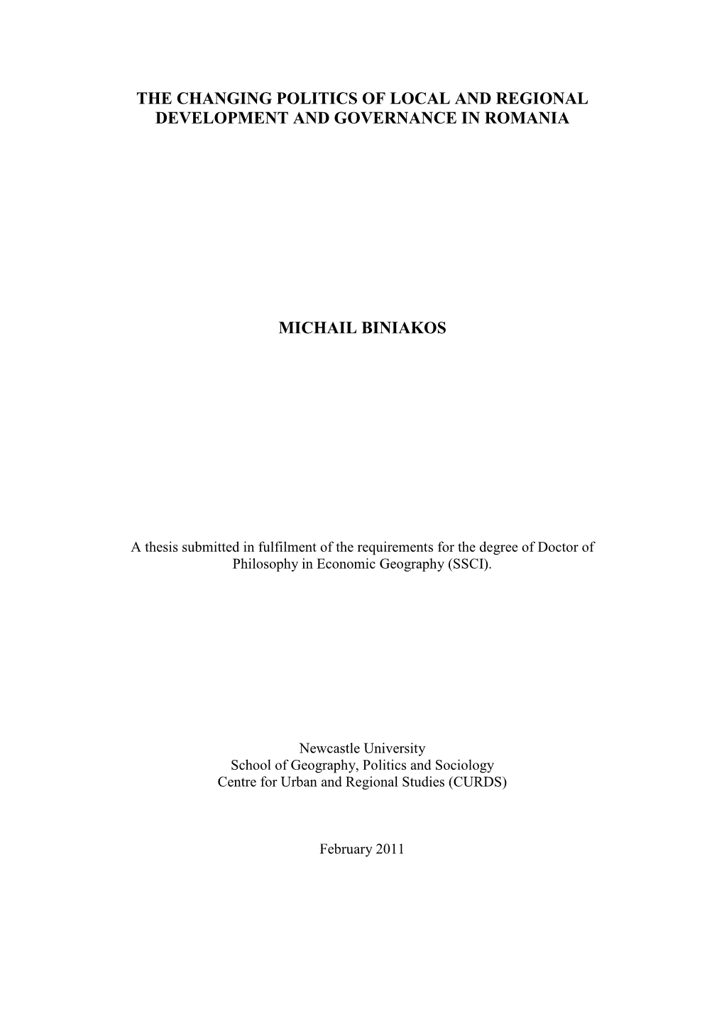 The Changing Politics of Local and Regional Development and Governance in Romania