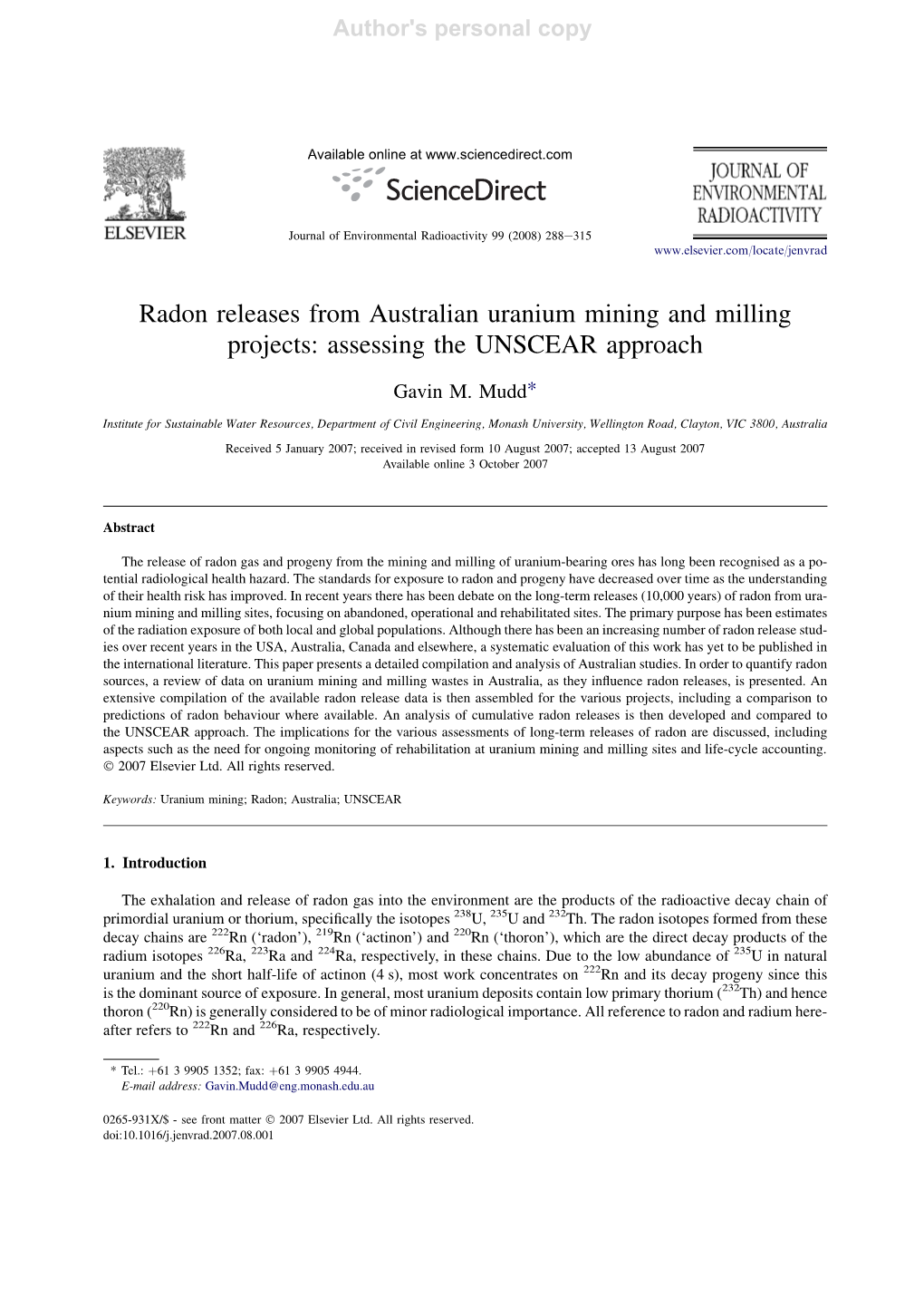 Radon Releases from Australian Uranium Mining and Milling Projects: Assessing the UNSCEAR Approach