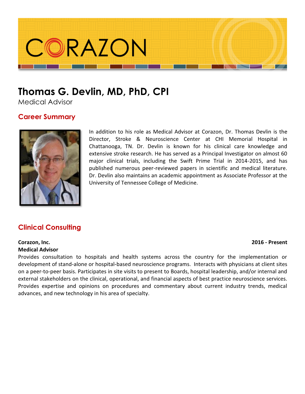 Thomas G. Devlin, MD, Phd, CPI Medical Advisor