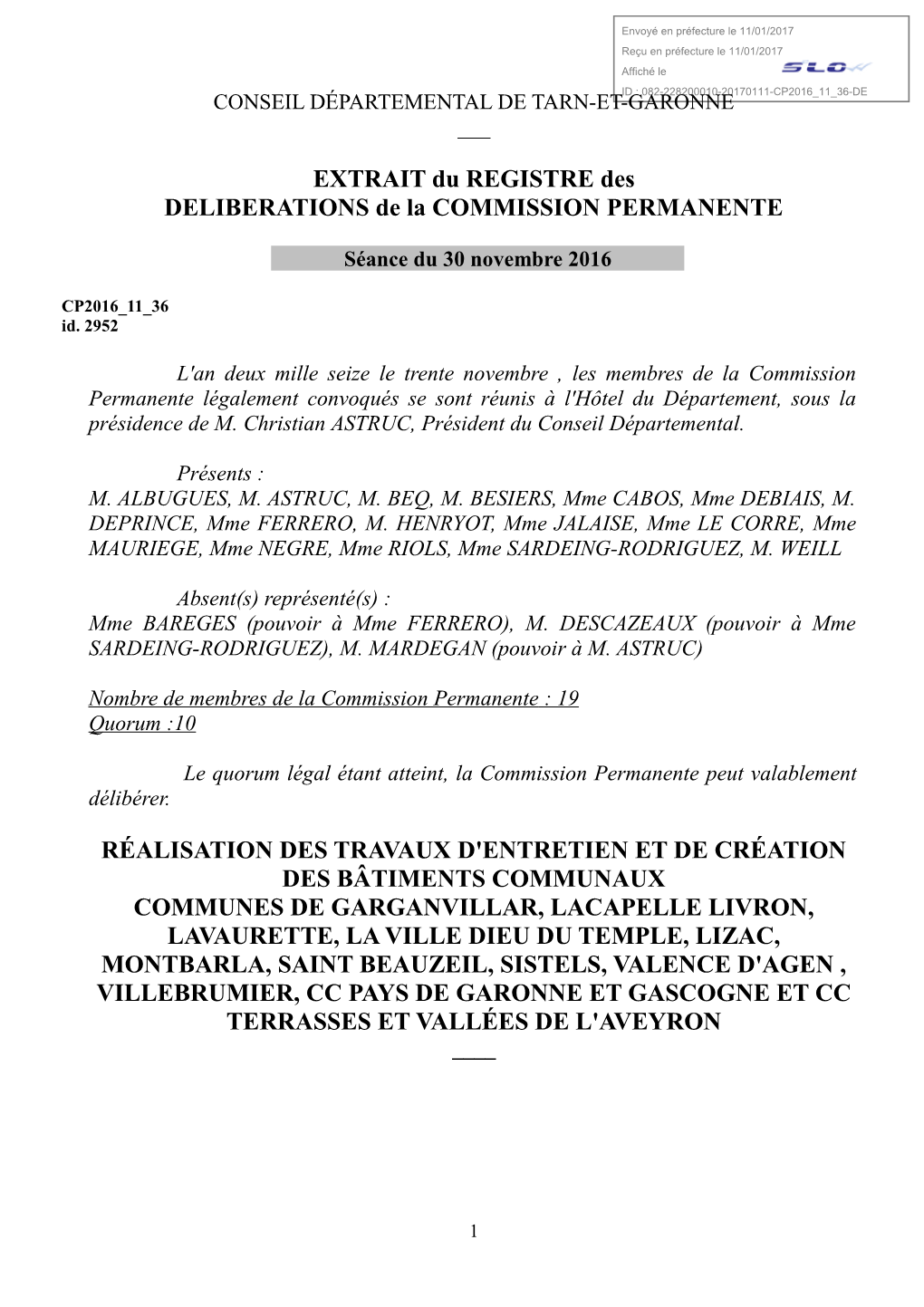 EXTRAIT Du REGISTRE Des DELIBERATIONS De La COMMISSION PERMANENTE