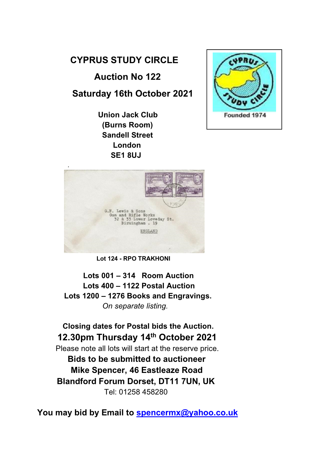 CYPRUS STUDY CIRCLE Auction No 122 Saturday 16Th October 2021