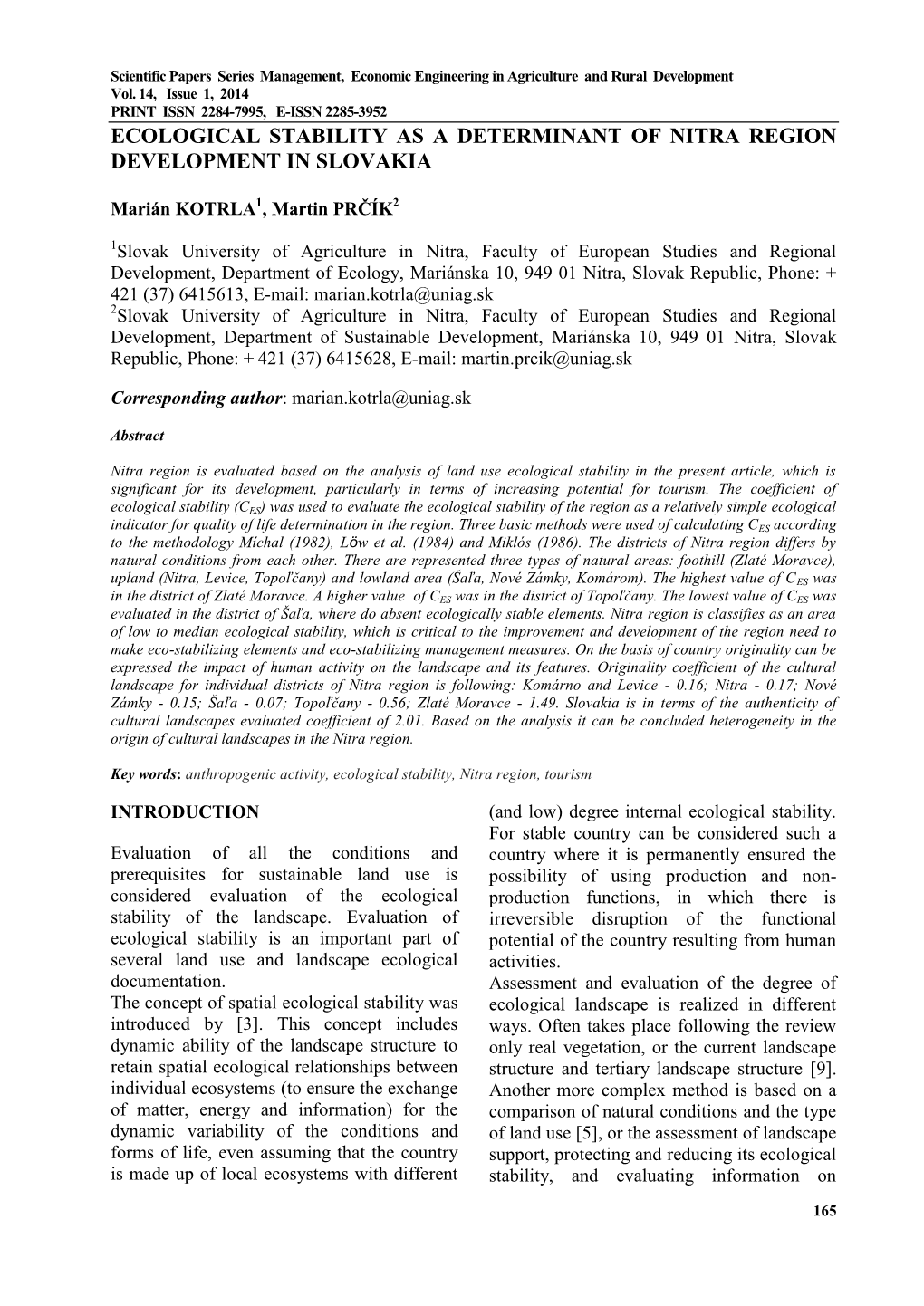 Ecological Stability As a Determinant of Nitra Region Development in Slovakia