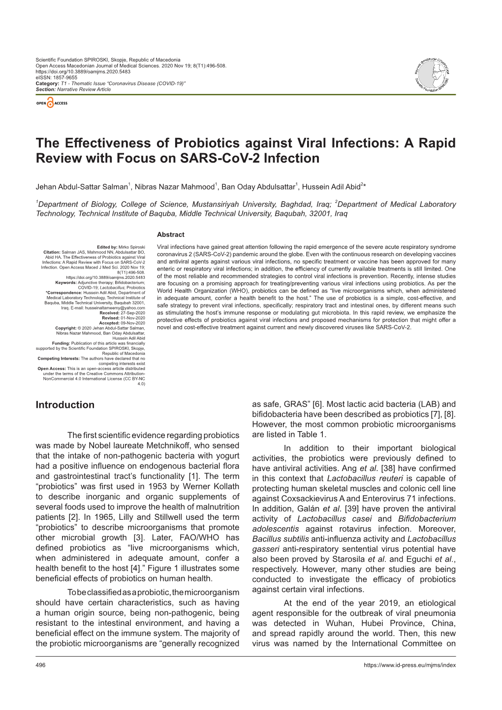 The Effectiveness of Probiotics Against Viral Infections: a Rapid Review with Focus on SARS-Cov-2 Infection