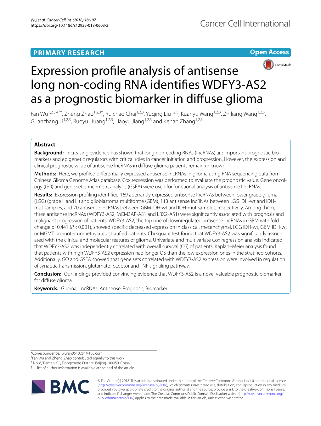Expression Profile Analysis of Antisense Long Non-Coding RNA Identifies WDFY3-AS2 As a Prognostic Biomarker in Diffuse Glioma