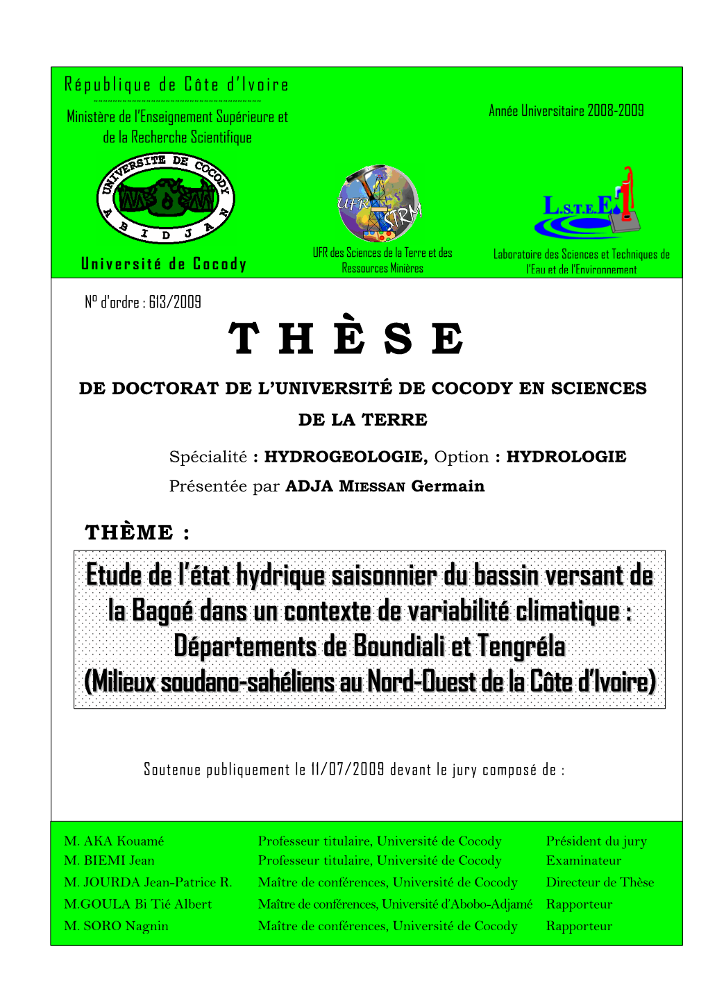 Thèse De Doctorat De L’Université De Cocody En Sciences De La Terre