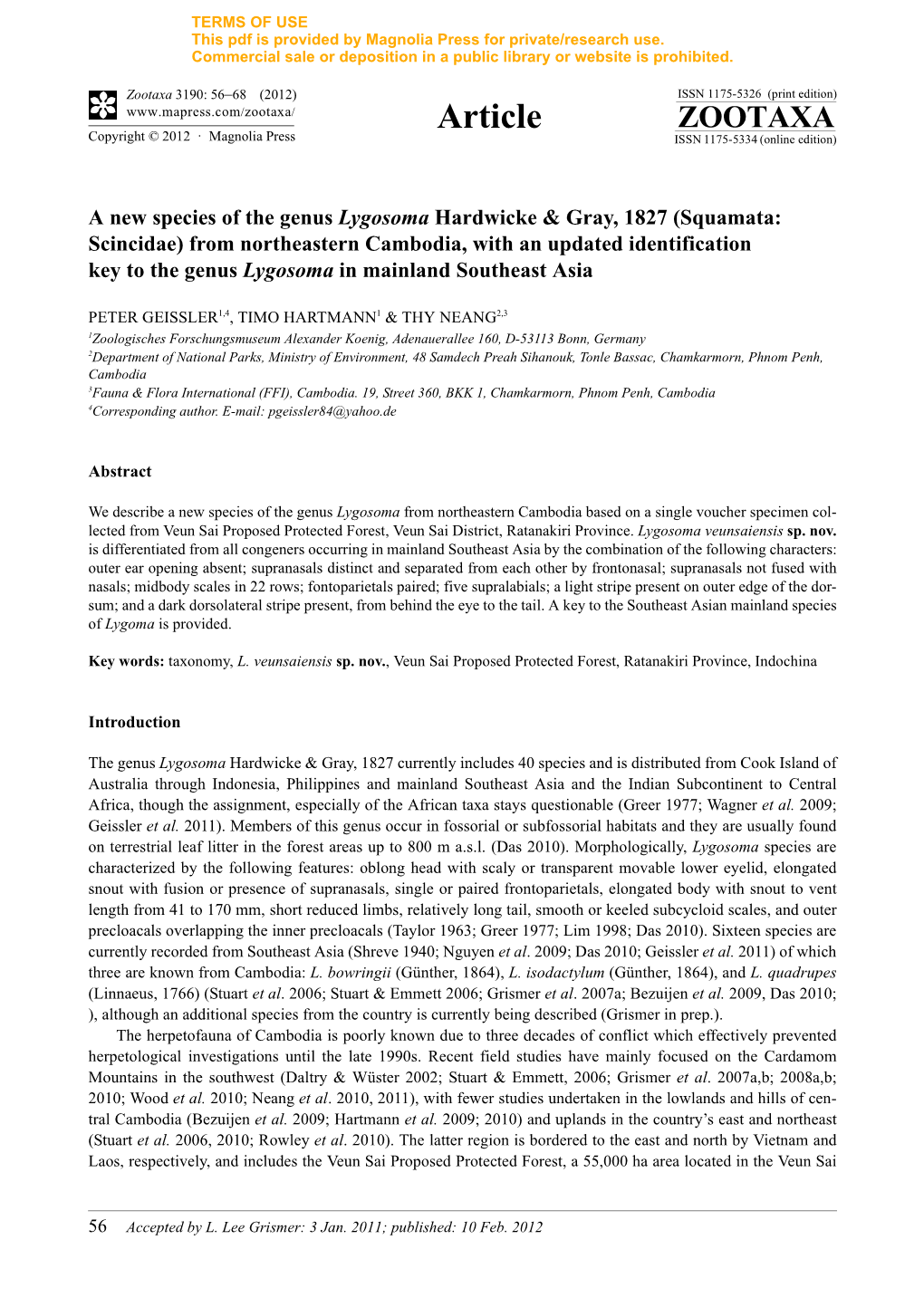 A New Species of the Genus Lygosoma Hardwicke & Gray, 1827 (Squamata:Scincidae) from Northeastern Cambodia, with an Updated