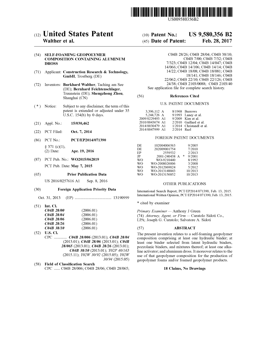 (12) United States Patent (10) Patent No.: US 9,580,356 B2 Walther Et Al