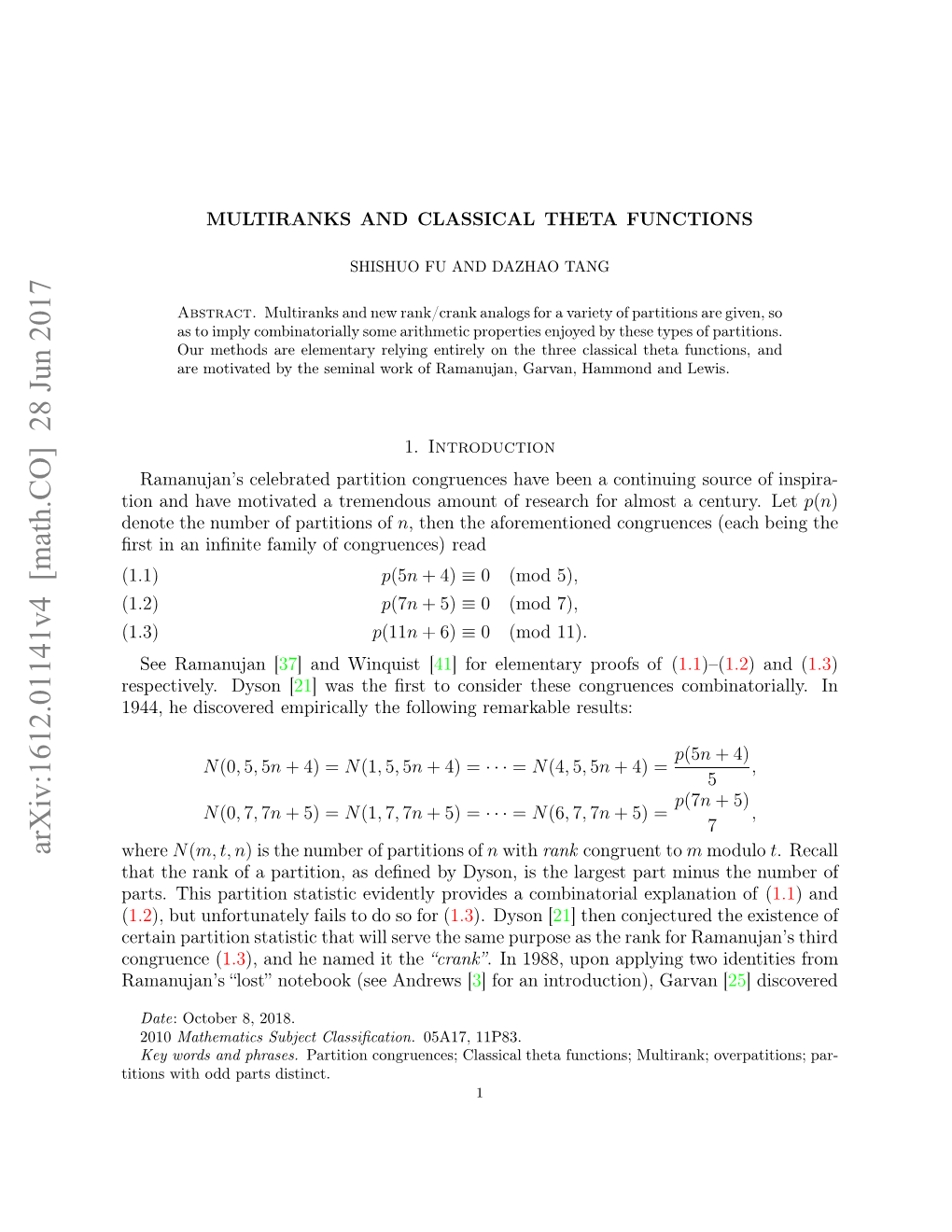 Multiranks and Classical Theta Functions 11