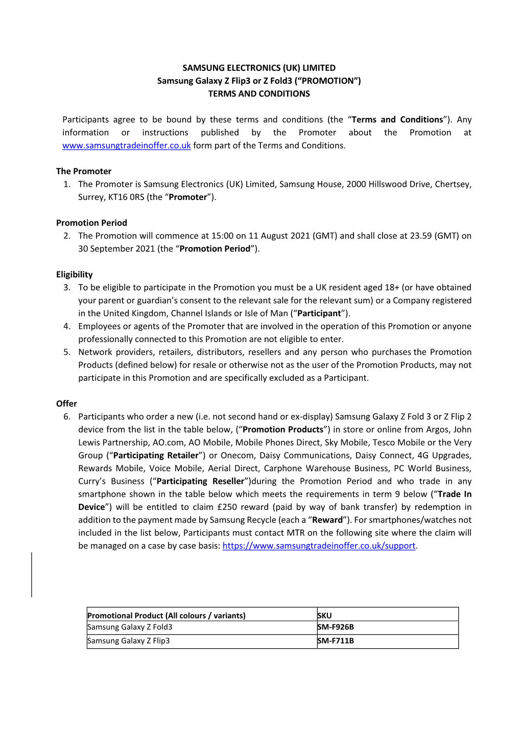 LIMITED Samsung Galaxy Z Flip3 Or Z Fold3 (“PROMOTION”) TERMS and CONDITIONS