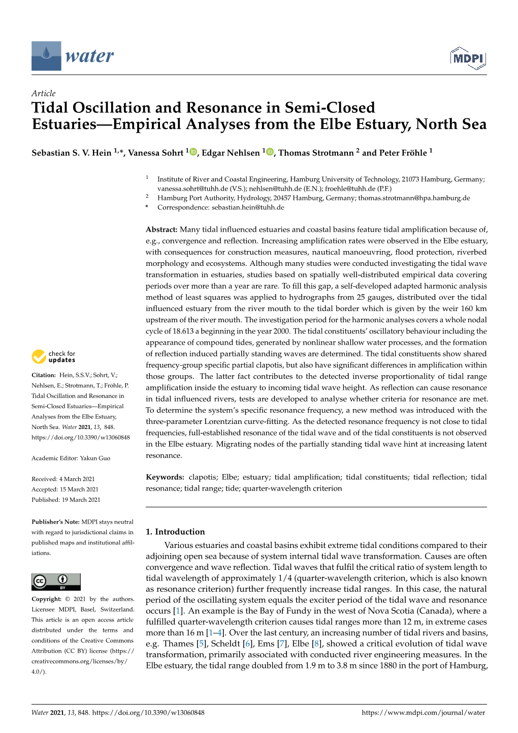 Tidal Oscillation and Resonance in Semi-Closed Estuaries—Empirical Analyses from the Elbe Estuary, North Sea