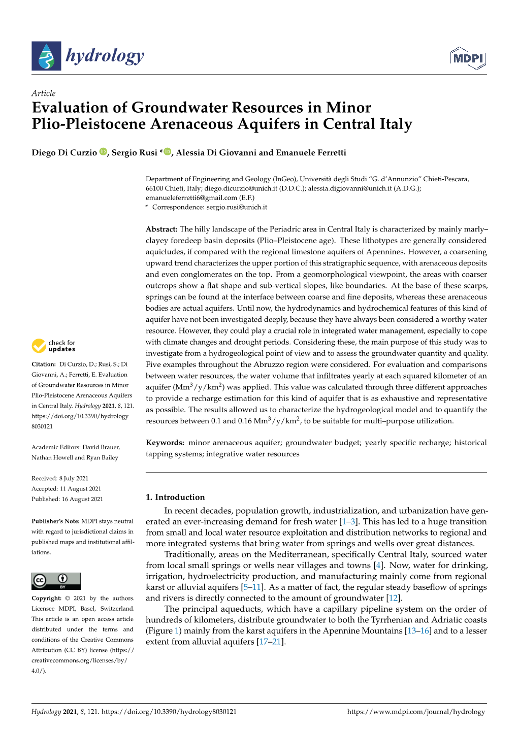 Evaluation of Groundwater Resources in Minor Plio-Pleistocene Arenaceous Aquifers in Central Italy