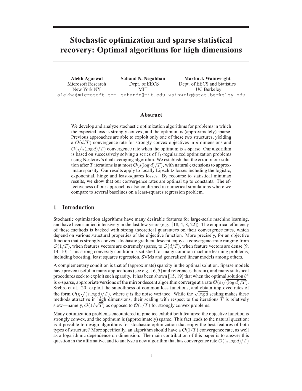 Stochastic Optimization and Sparse Statistical Recovery: Optimal Algorithms for High Dimensions
