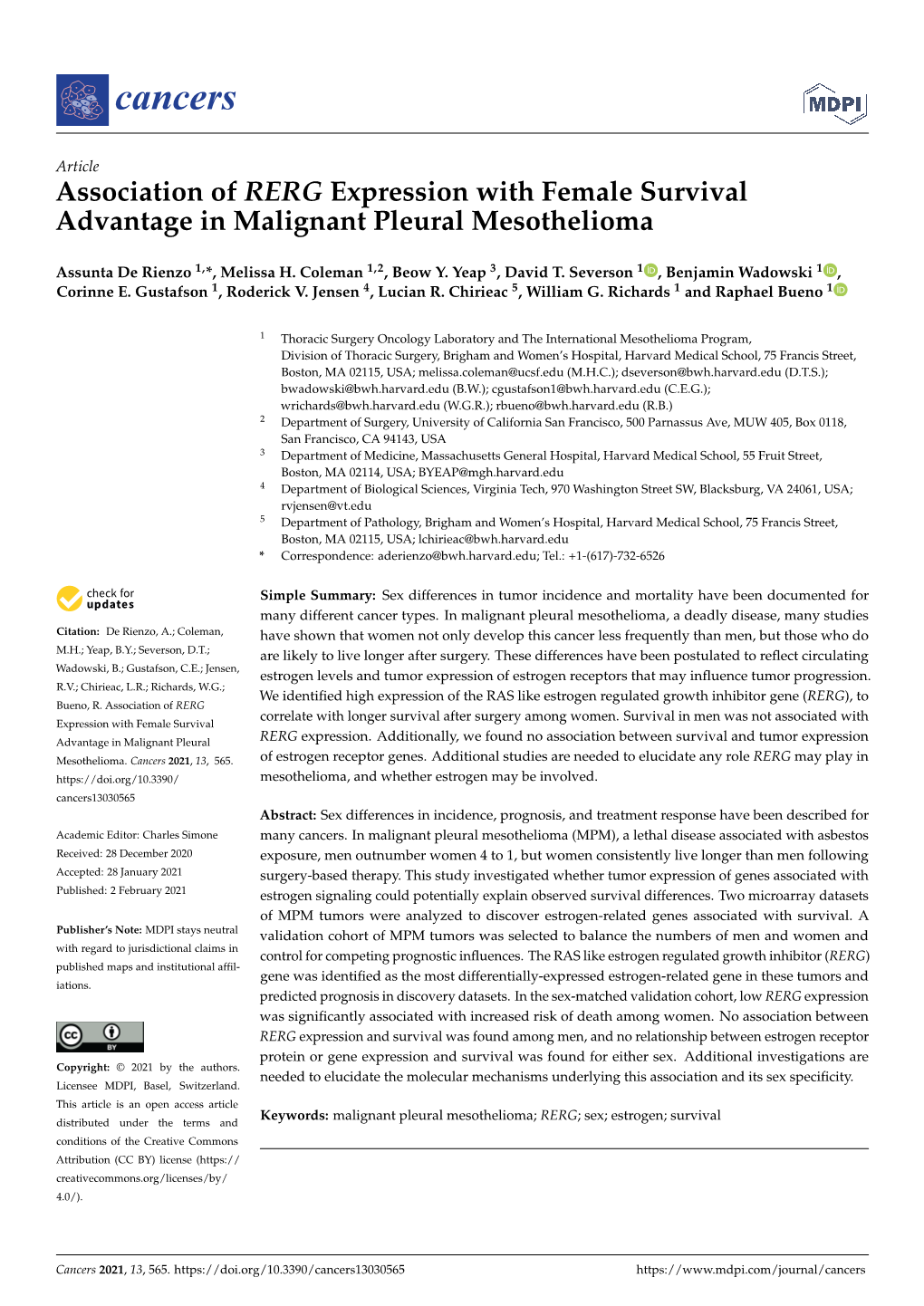 Association of RERG Expression with Female Survival Advantage in Malignant Pleural Mesothelioma