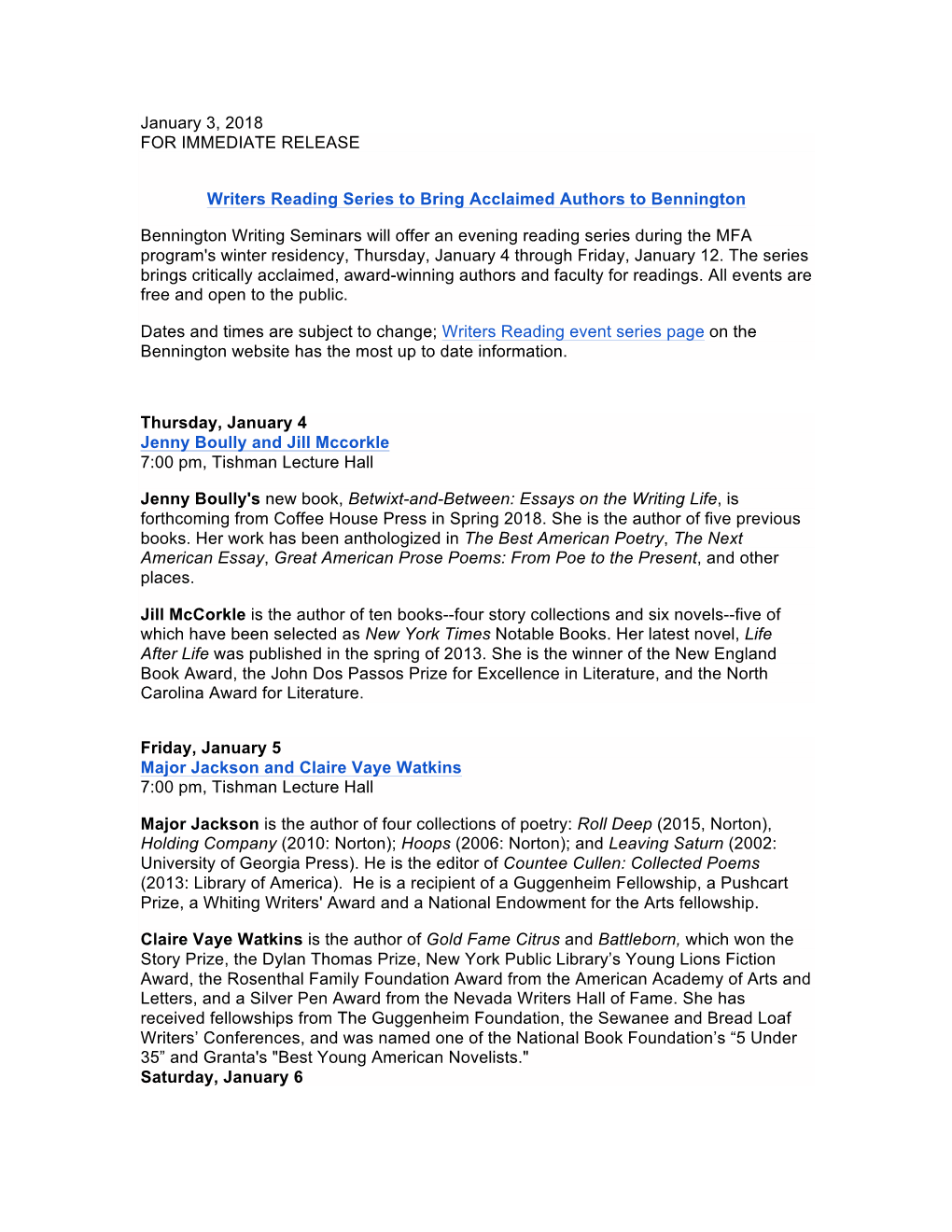 January 3, 2018 for IMMEDIATE RELEASE Writers Reading