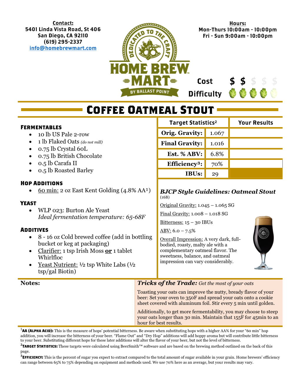 Coffee Oatmeal Stout Target Statistics² Your Results Fermentables • 10 Lb US Pale 2-Row Orig