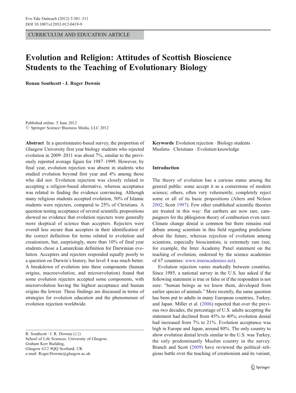 Evolution and Religion: Attitudes of Scottish Bioscience Students to the Teaching of Evolutionary Biology