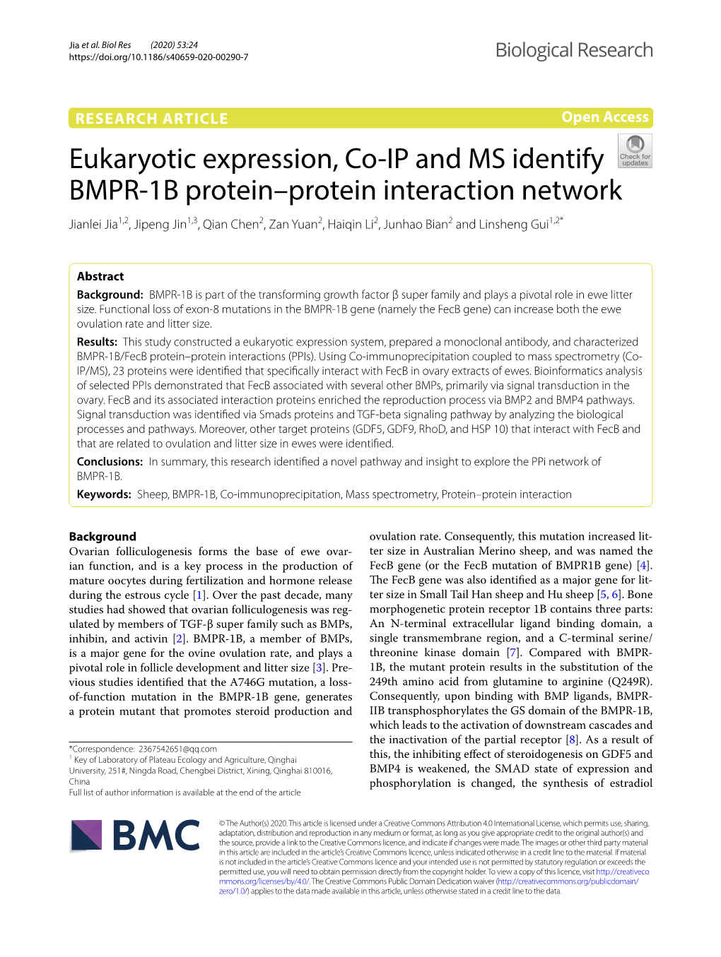 Eukaryotic Expression, Co-IP and MS Identify BMPR-1B Protein–Protein