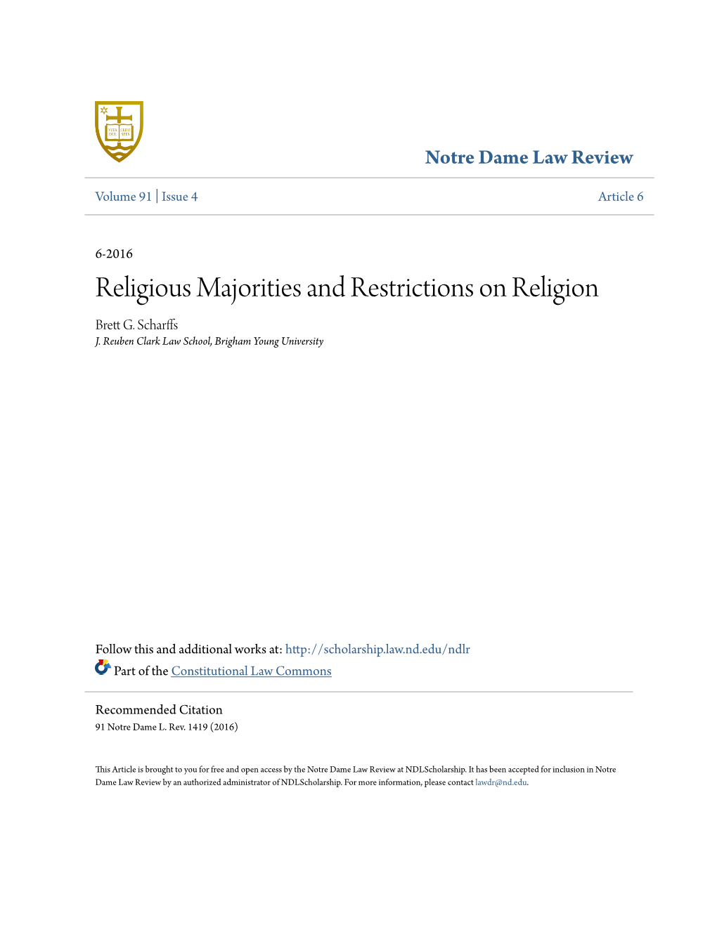 Religious Majorities and Restrictions on Religion Brett .G Scharffs J