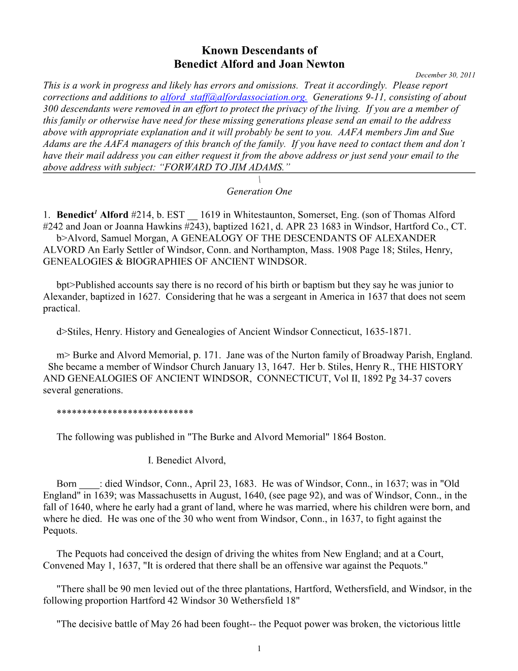 Known Descendants of Benedict Alford and Joan Newton December 30, 2011 This Is a Work in Progress and Likely Has Errors and Omissions