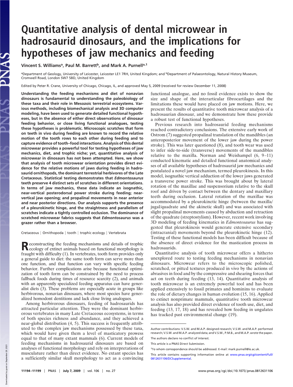 Quantitative Analysis of Dental Microwear in Hadrosaurid Dinosaurs, and the Implications for Hypotheses of Jaw Mechanics and Feeding