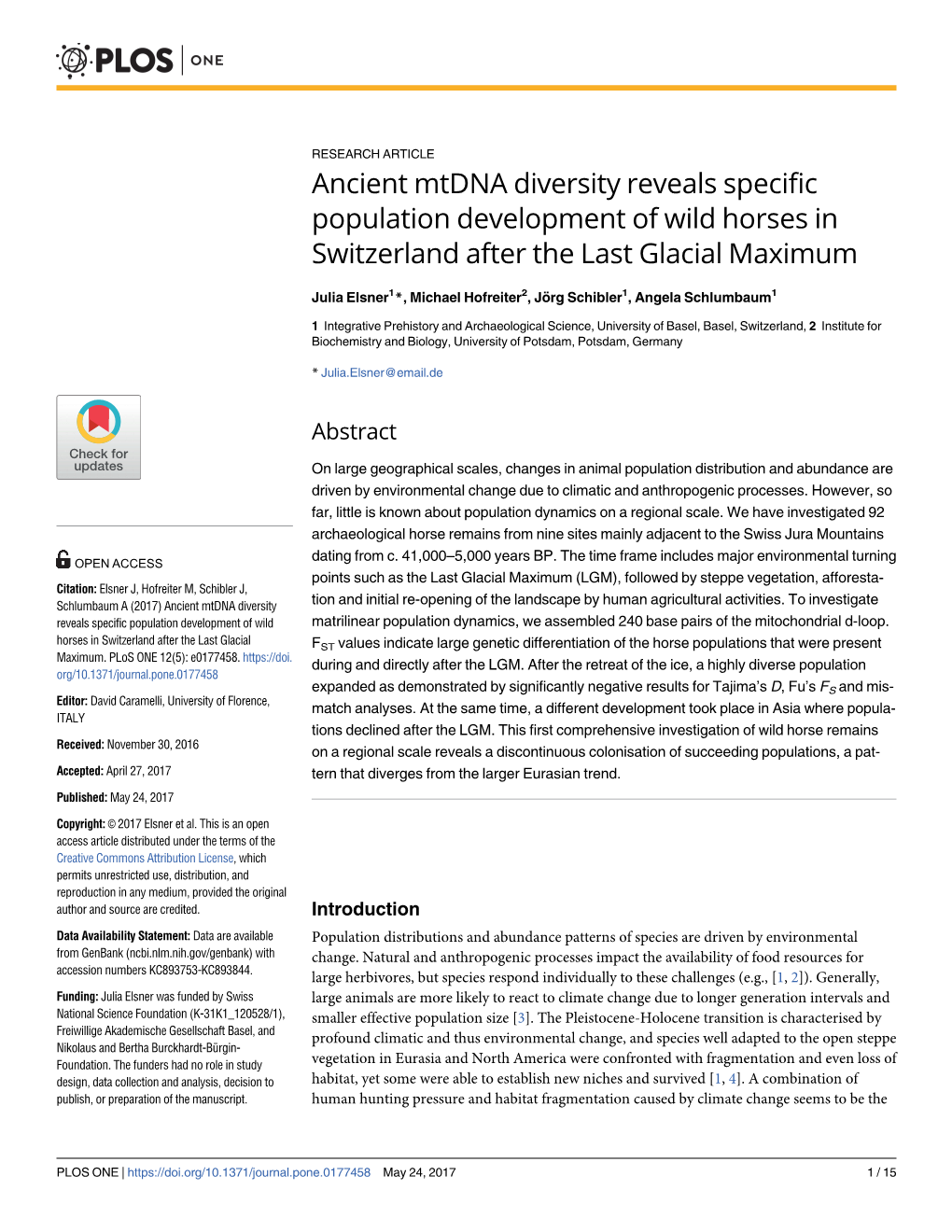 Ancient Mtdna Diversity Reveals Specific Population Development of Wild Horses in Switzerland After the Last Glacial Maximum