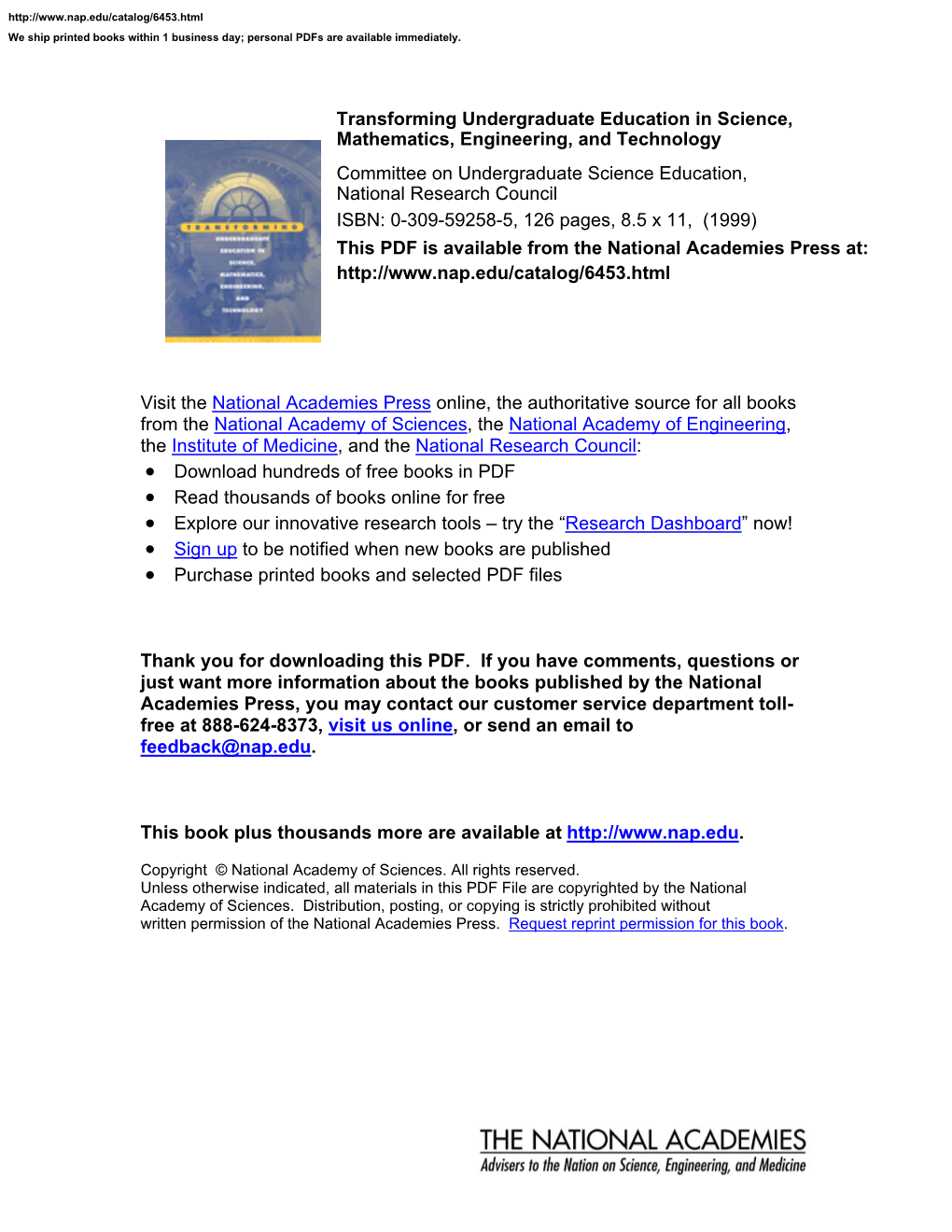 Transforming Undergraduate Education in Science, Mathematics, Engineering, and Technology Committee on Undergraduate Science Education, National Research Council
