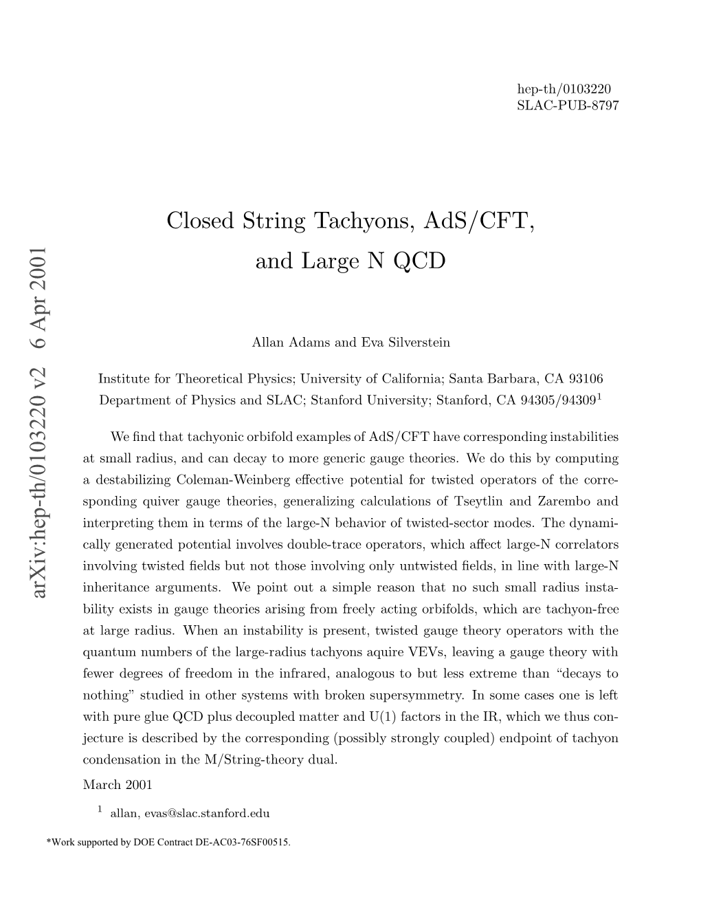 Arxiv:Hep-Th/0103220 V2 6 Apr 2001 Closed String Tachyons, Ads/CFT