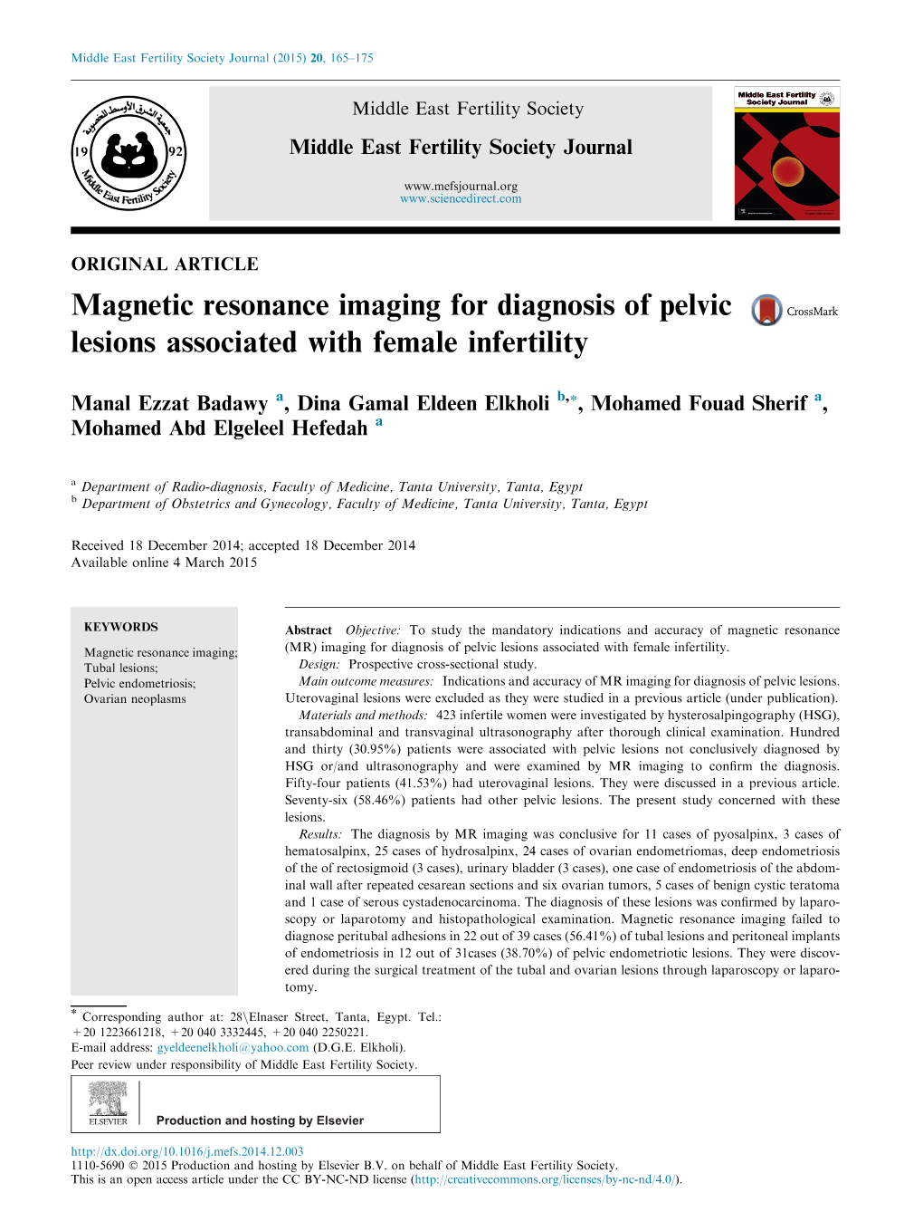 Magnetic Resonance Imaging for Diagnosis of Pelvic Lesions Associated with Female Infertility