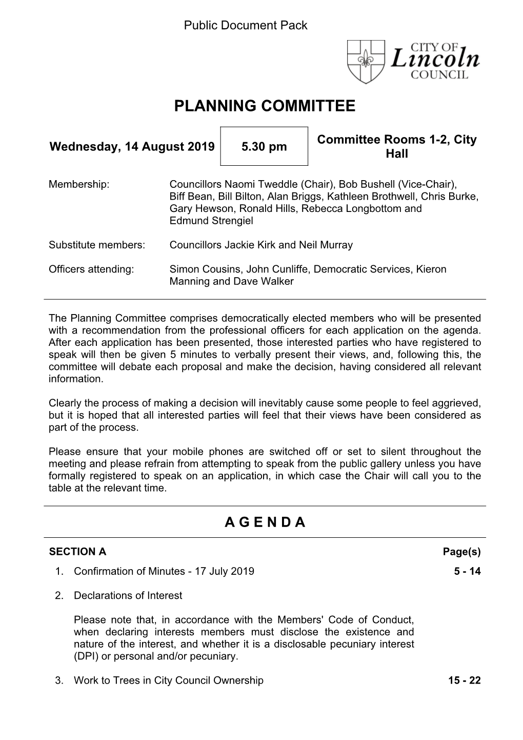 (Public Pack)Agenda Document for Planning Committee, 14/08/2019
