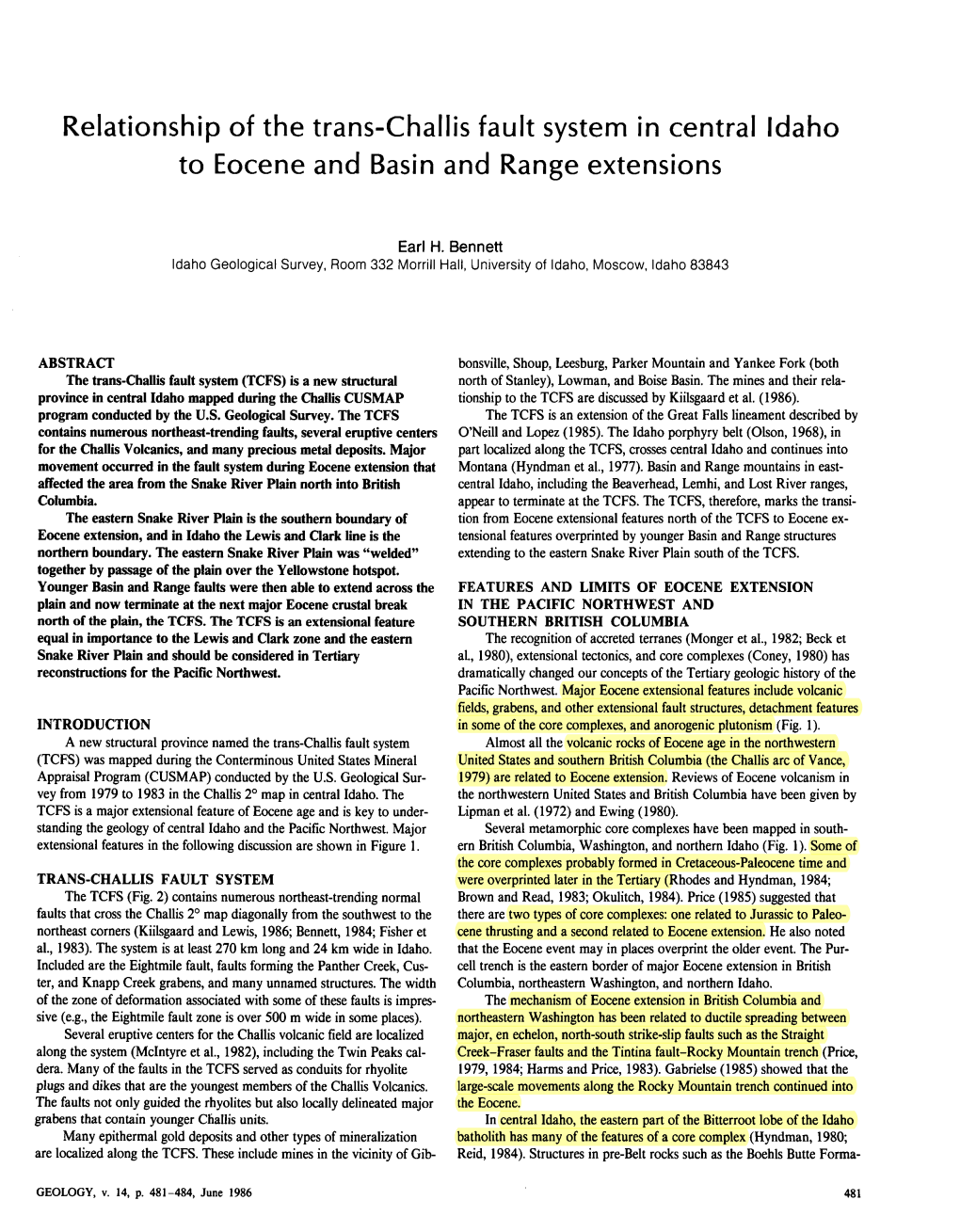 Relationship of the Trans-Challis Fault System in Central Idaho to Eocene and Basin and Range Extensions